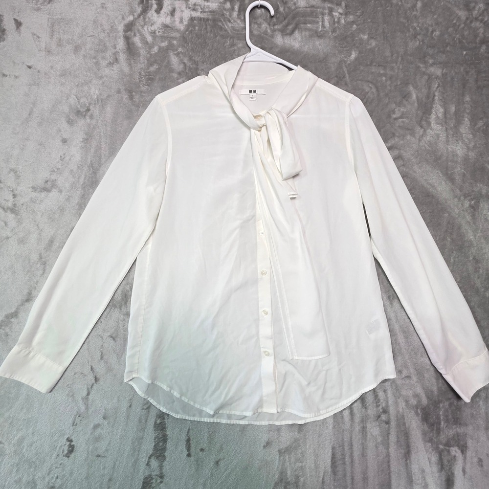 Uniqlo White Tie Neck Bow Long Sleeve Blouse Rayon Blend Size S